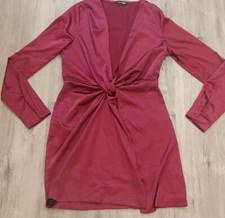 WOMEN'S FASHION NOVA Deep V-Neck Knot-Front Long Sleeve Front-Slit Dress, sz M