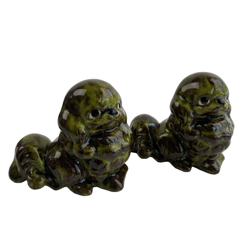 Vintage Kitschy Ceramic Puppy Dog Green Big Eyes 2.5" MCM Decor Lot 2 Figurines - 第 1/6 張圖片