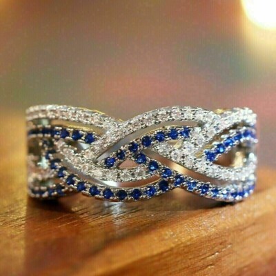 Round Simulated Sapphire Women's Wedding Criss Cross Ring 14k White Gold Plated