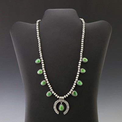 NATIVE AMERICAN NAVAJO SONORAN TURQUOISE SQUASH BLOSSOM NECKLACE