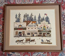 Charles Wysocki Vtg Framed Crewel 80s Saloon Old West Town Americana Completed 
