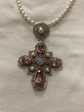 Nicky Butler Sterling Silver Pink Quartz RhodoliteCross Pearl Necklace