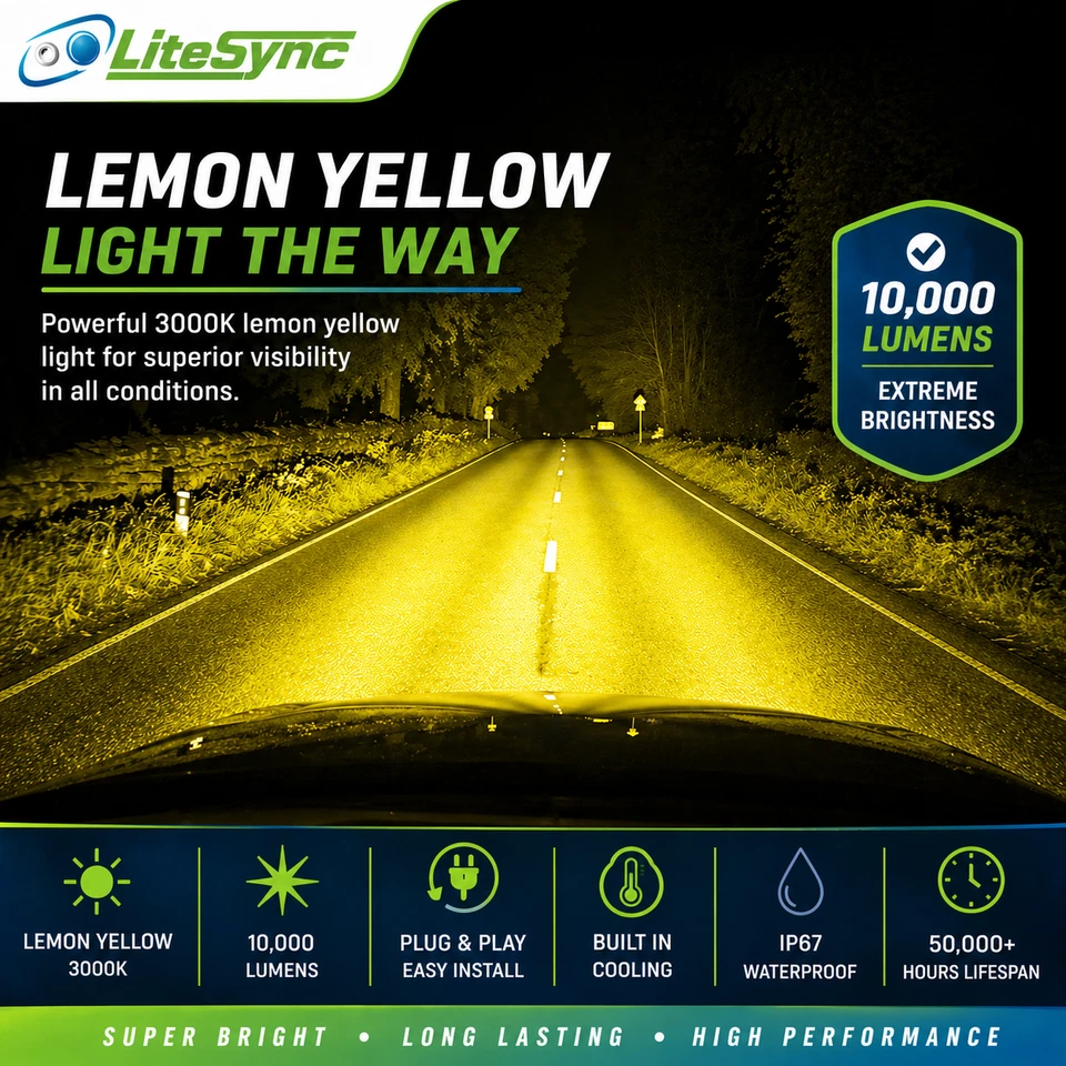 H1 LED Fog Light Bulbs 3000K Yellow 10000LM Canbus Error Free LiteSync - Image 3 of 4