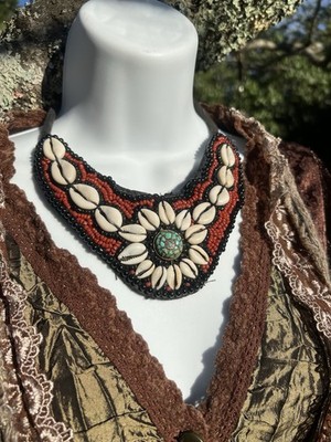 TIBETAN Beaded Bib collar necklace, turquoise cowrie boho gypsy tribal ethnic