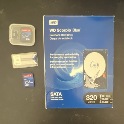 WD Scorpio blue notebook hard drive, San disk Sony adapter lot