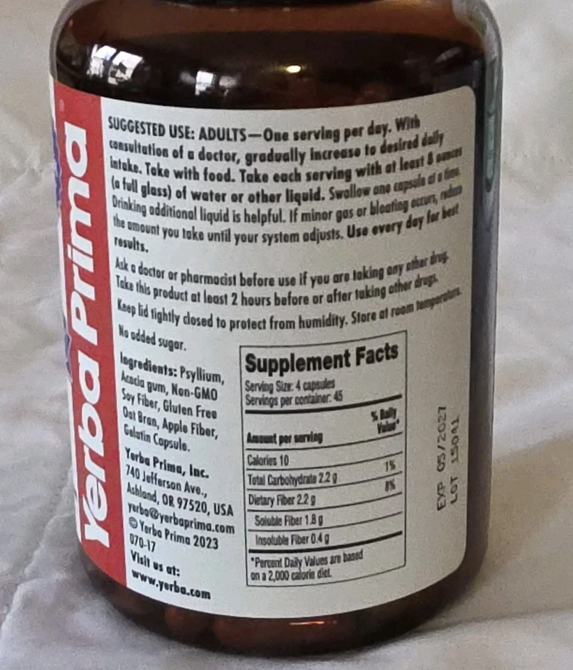 Yerba Prima Daily Fiber Caps 180 cápsulas suave natural sem glúten 05/2027 - Imagem 3 de 4