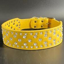 Yellow Rhinestone Faux Leather Bling Crystal Diamond Dog Collar Size Large / XL