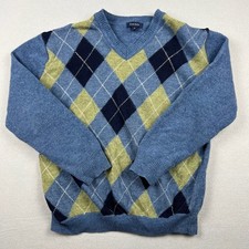 Club Room Men's Medium Blue Beige Argyle 100 Lambswool Cozy Knit V-Neck Sweater