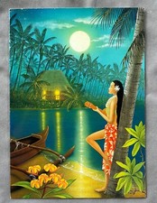 TIKI FANTASÍA HAWAIANA con UKULELE HULA GIRL Y LUNA TROPICAL Tarjeta HILO KUME