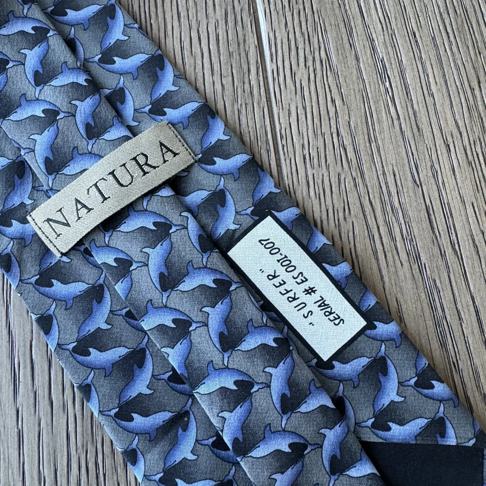 NATURA Neck Tie Mens Gray Blue Silk Dolphins “Surfer” Beachy Tropical Vacation - Image 3 of 4