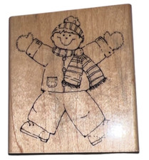 Little Boy Dressed in Winter Snow clothes Mittens and Scarf Wooden Rubber Stamp