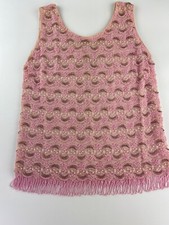 VNTG Pink Lined Shell Top Metallic Pearl Sequin W/Beaded Fringe 20's 50's 60's