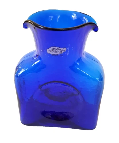 Blenko Glass Cobalt Blue 2018 2-Sided Water Pitcher 384M w/Sticker & Mark 6"