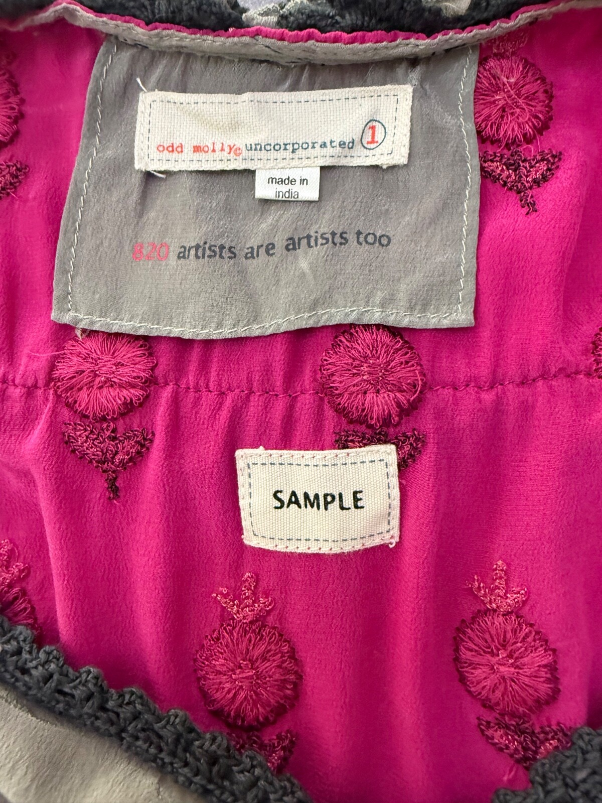 Anthropologie Odd Molly Silk Babydoll Top XS Gray Pink Embroidered Lace Sample