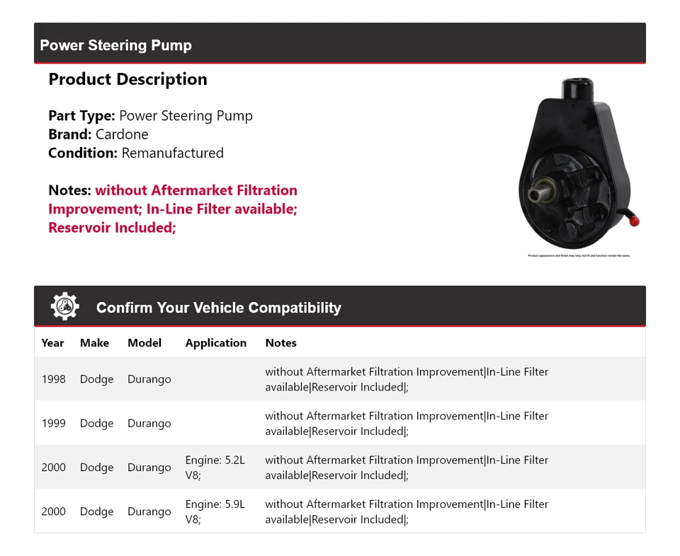 Bomba de dirección asistida Cardone 1999 para Dodge Durango 1998-2000 Foto 2 de 4