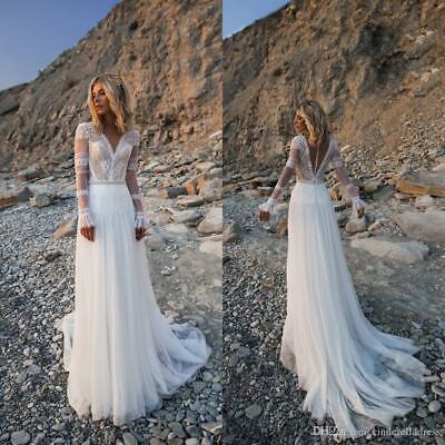 Beach Bohemian Wedding Dress Boat Neck Long Sleeve Tulle Bridal Gown 4 6 8 10 Ebay