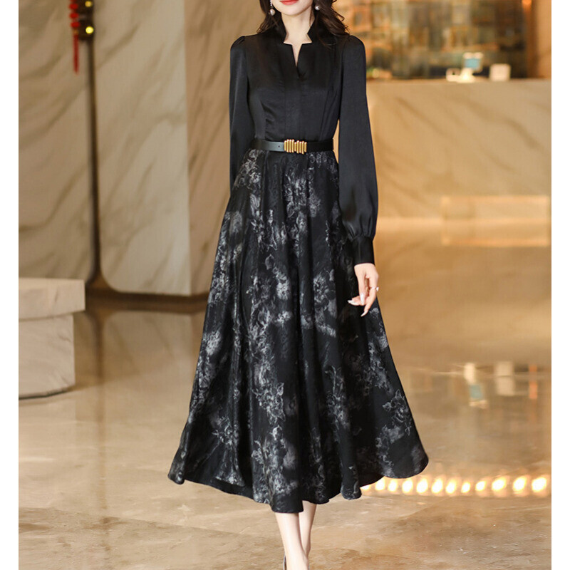 Summer Women Elegant Floral Printed Satin Dress Lapel Long Sleeve Swing  Dress