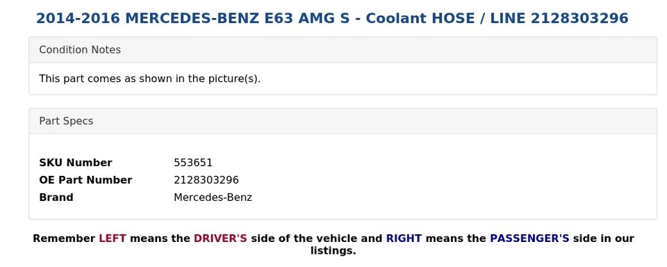2014-2016 MERCEDES-BENZ E63 AMG S - Coolant HOSE / LINE 2128303296 - Image 3 of 4