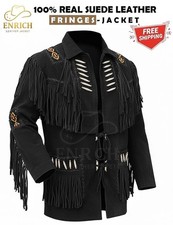 Men Western Cowboy Suede Fringe Jacket with Native American Beadwork