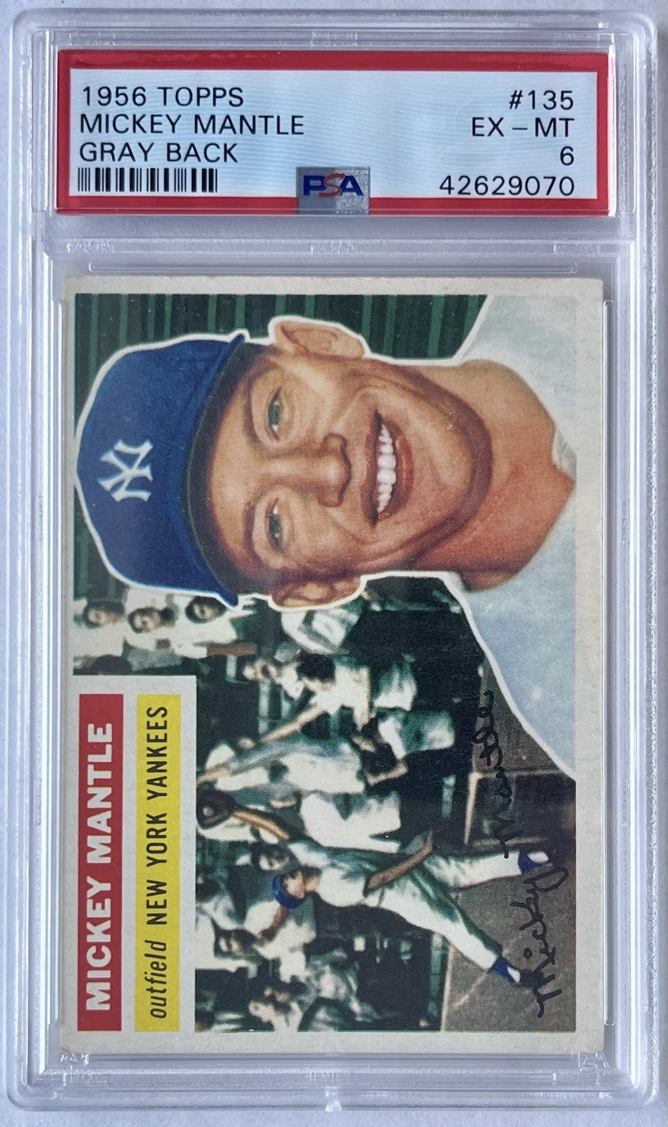 1956 Topps #135 Mickey Mantle Gray Back PSA 6 EX-MT Bold Color