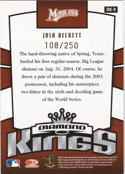2005 Donruss Diamond Kings Insert Studio Series #DK9 Josh Beckett /250 - NM - Image 2 of 2