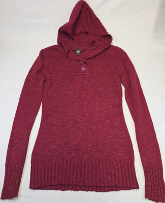 rue21 Burgundy Knit Pullover Sweater Hooded Henley Button Women Size XL