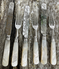 ANTICO madreperla 3 coltelli e 3 forchette fascia sterling placcata pinze lame