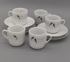 IPA Porcelain Five Espresso Demitasse Cups And Saucers Raven Crow Black White