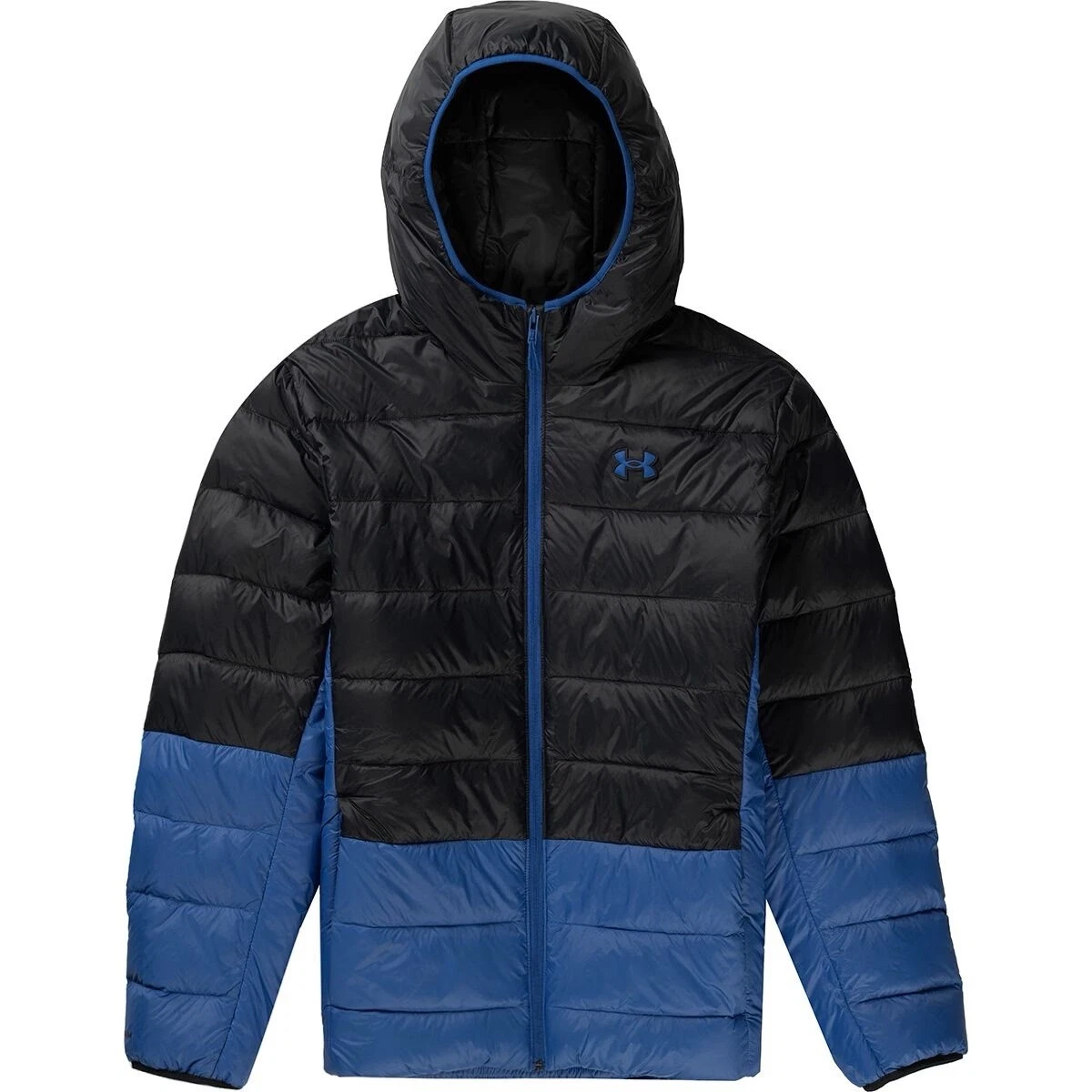 Under Armor Legend Down Hooded Jacket 600 Fill Puffer Black Blue Packable Sz XL