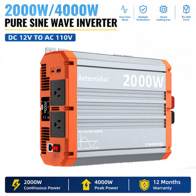 2000W Power Inverter (PEAK 4000w) Pure Sine Wave 12V to 120V Car Solar RV Marine
