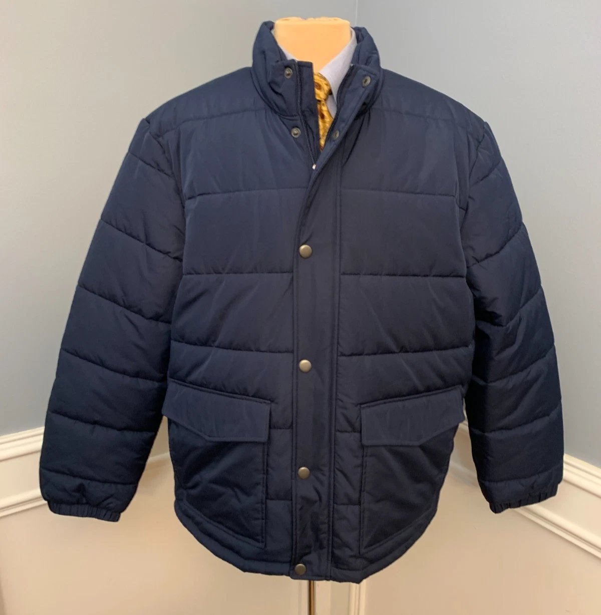 Lands End Jacket Mens XL Lighthouse Puffer Coat Navy Zip Snap Lined Insulated