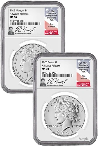 2025 Morgan and Peace Silver Dollar 2pc Set AR NGC MS70 Harrigal