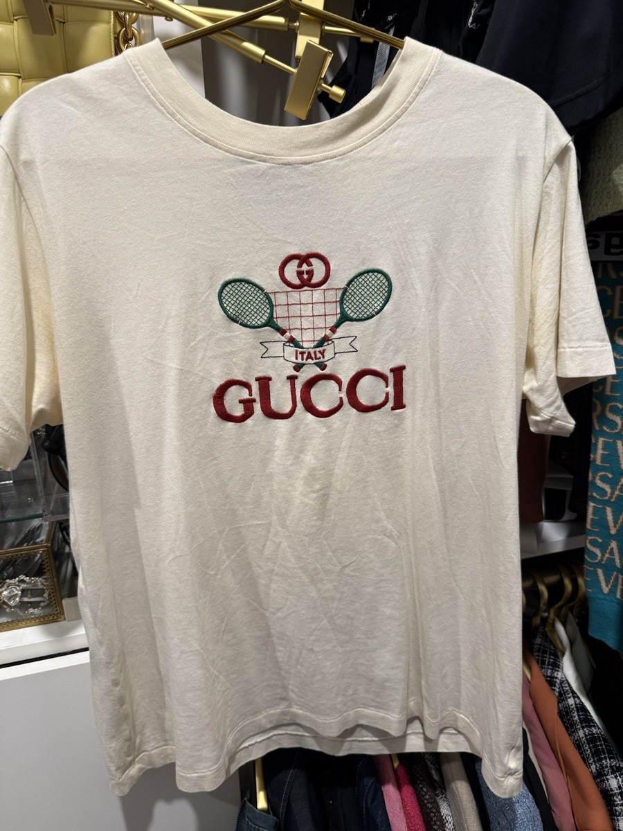 Gucci Ivory Cotton Embroidered Tennis Logo Men's Crew Neck Short