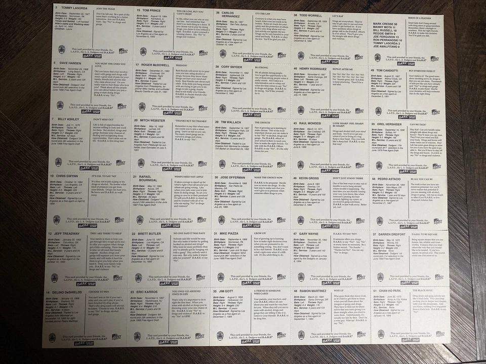 1995 Los Angeles Dodgers DARE & LAPD Team Set Sheet Uncut Perforated Cards - Image 2 of 4