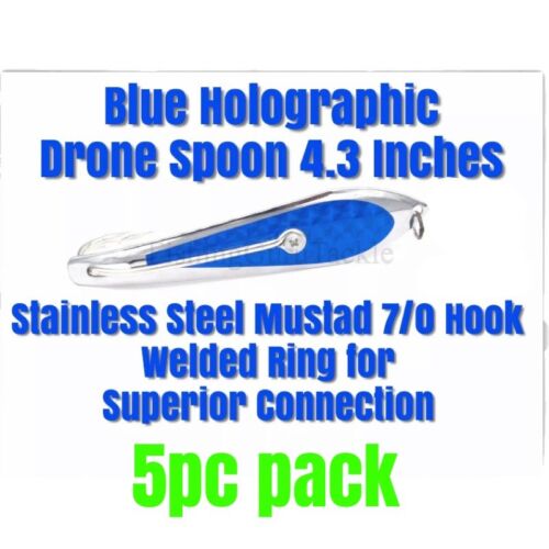 Blue Holographic Drone Trolling Spoon 11cm 4.3 Inches - Mustad Hook  5 pc pack - Afbeelding 1 van 6