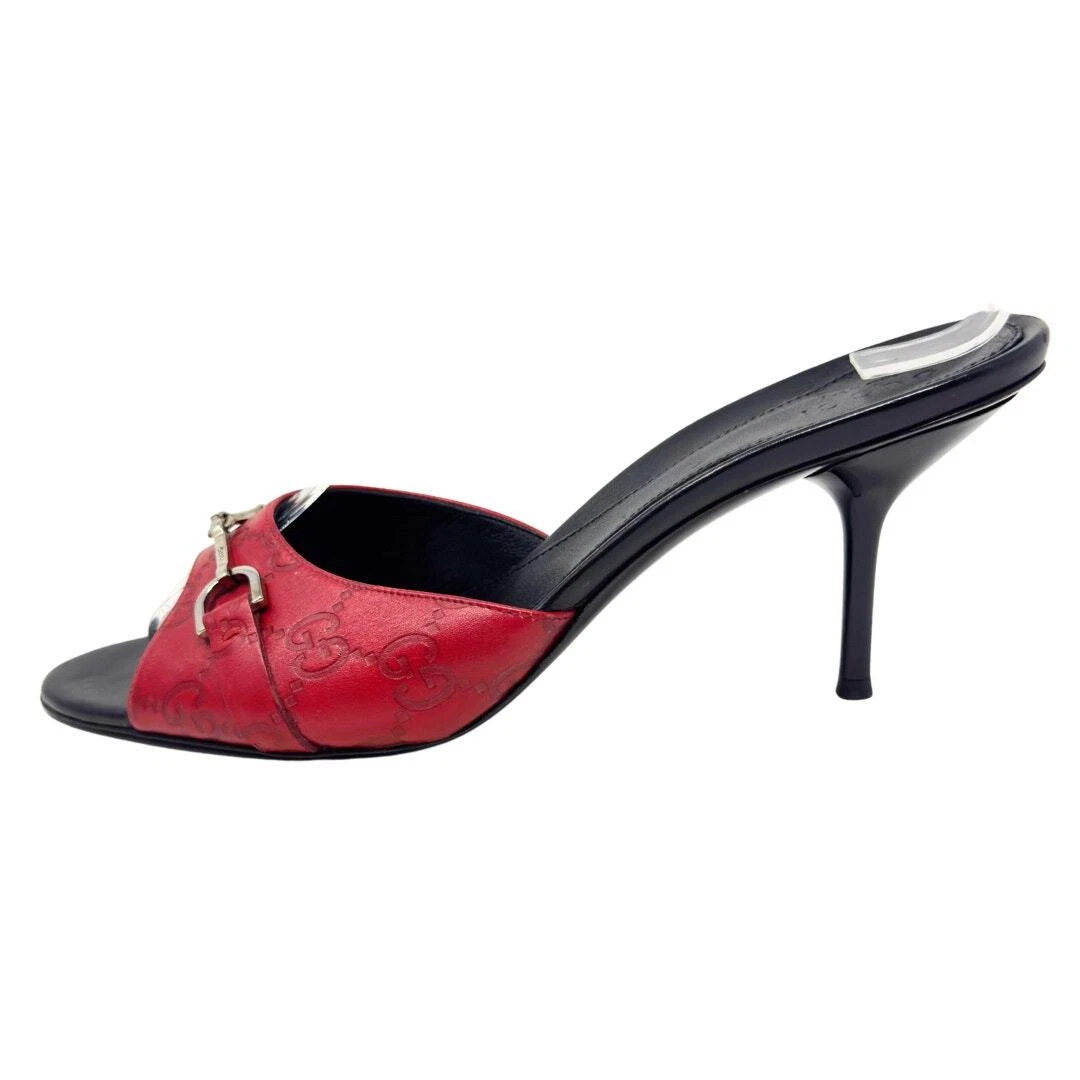 Sandales à talons Gucci GG logo Guccissima monogramme rouge noir argent Horsebit EU38,5
