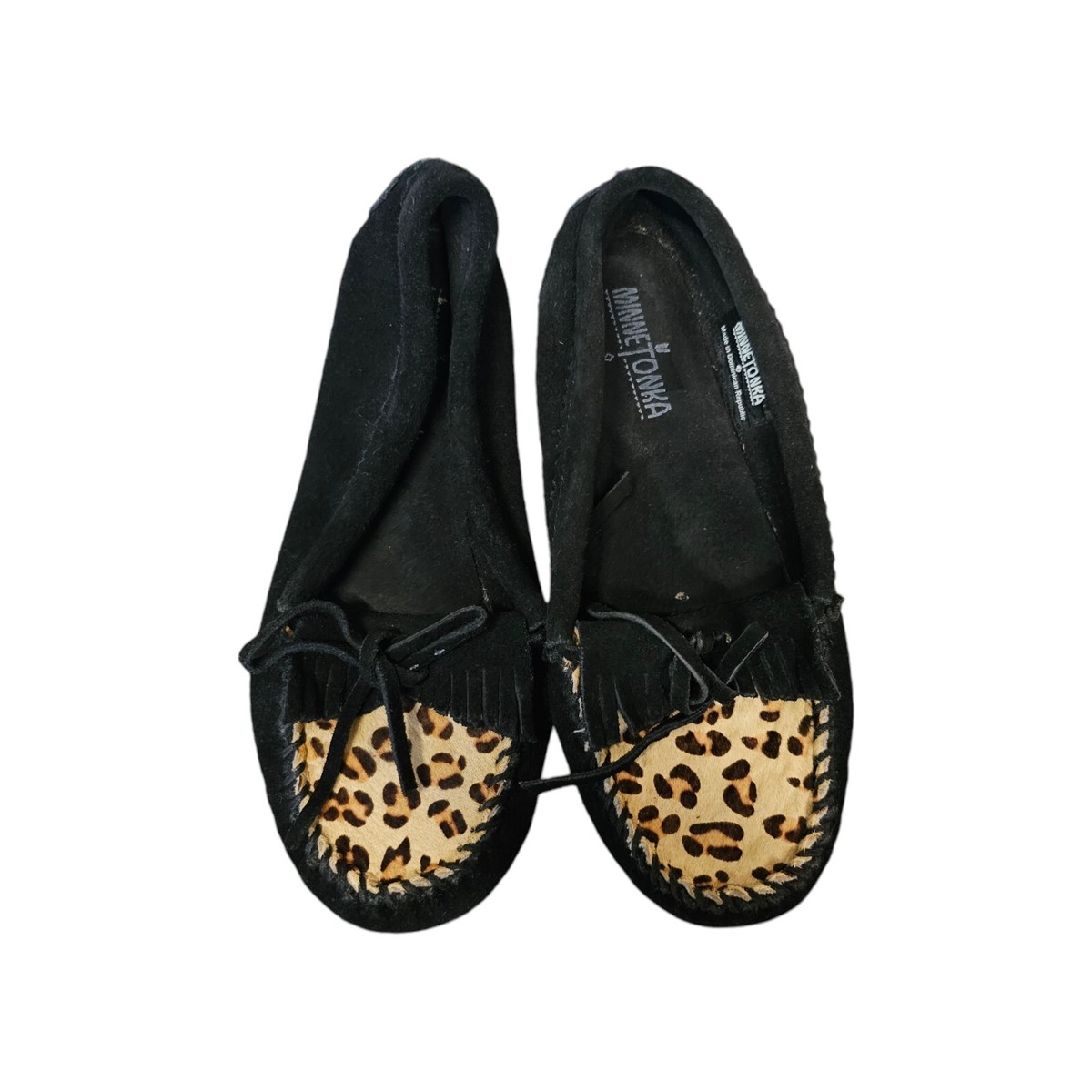 Minnetonka Leopard Kilty Driving Moccasins Calf Hair Slip On 690F Size  Black