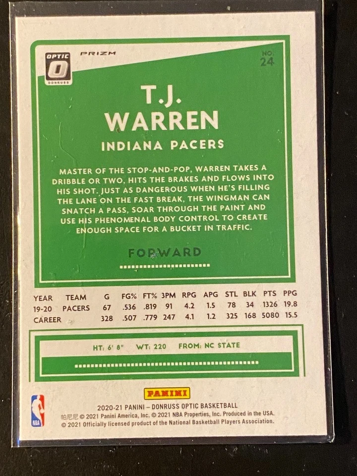 T.J. Warren 2020-21 Panini Donruss Optic Blue Velocity #24 Indiana Pacers - Image 2 of 2