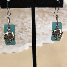 Sea Beach Glass Blue Dangle Earrings Fish Hand Made Surgical Steel Ear wire