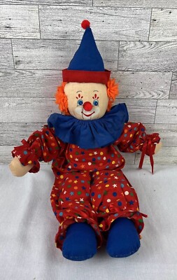 Vintage 19'' Rag Doll Clown Red Hair Pointed Hat Plush Stuffed Doll