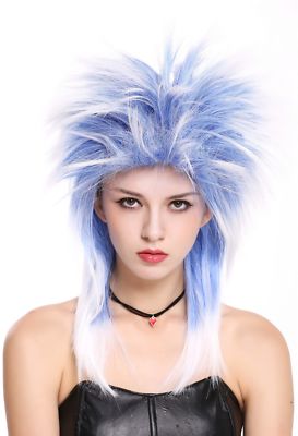 Perücke Damen Herren Karneval 80er Wave Punk Popstar Blau Weiß Mix Toupiert