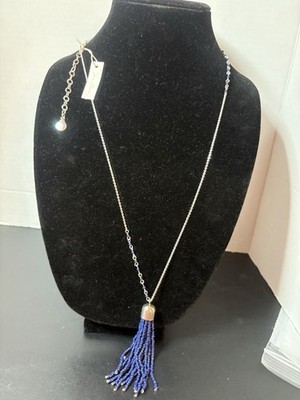 Vera Bradley NWT Silver Tone Blue Glass Tassel And Beaded Necklace 