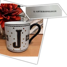 Anthropologie BISTRO TILE MARGOT Letter “J” Monogram 15oz Mug: Black White Gold