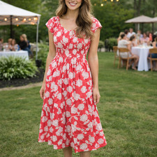 Tommy Hilfiger Fit & Flare Dress Womens Medium Riviera Floral Peach Coral Party