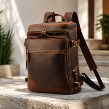 17.5" Leather Backpack Men Travel Laptop Rucksack Brown Business Bag