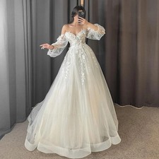 Boho Sweetheart Wedding Dresses Long Puff Sleeves Lace Applique Bridal Gowns