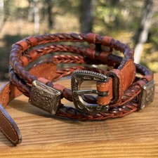 Vintage Fossil Braided Leather Concho Belt Silver Hardware Medium