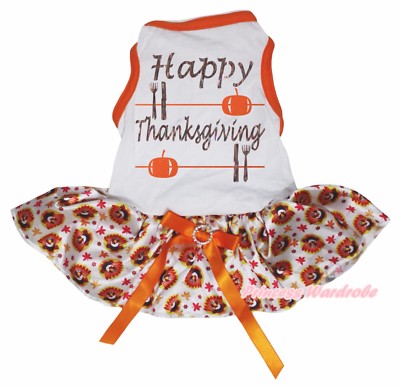 Happy Thanksgiving White Cotton Top Orange Turkey Tutu Pet Dog Puppy Dress 