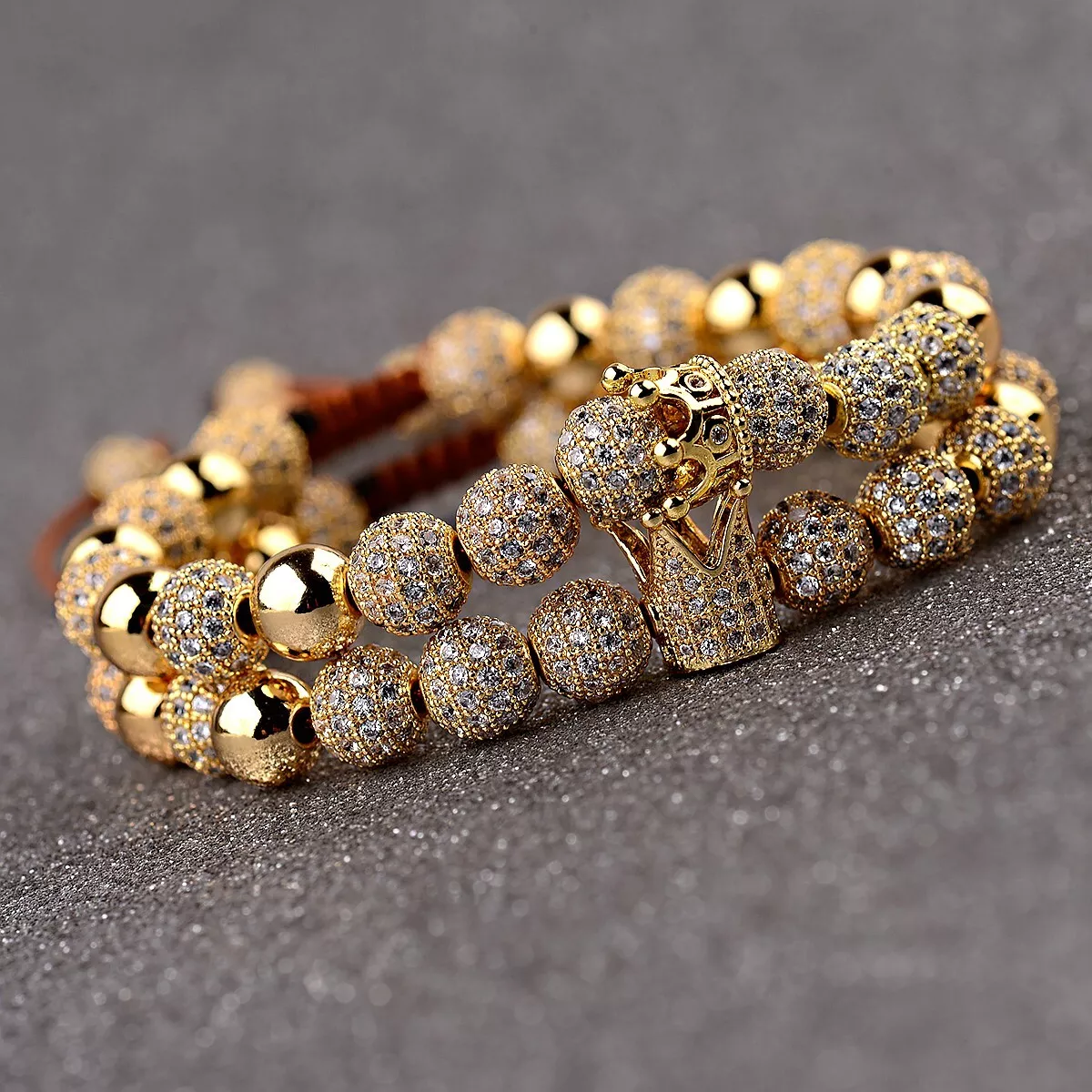 1 2Pcs Luxury 14K Gold Plated Micro CZ Crown Charm Couple Bracelet