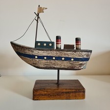 Vintage Wooden Boat Ship Sculpture Handmade Rustic Display Decor Seaside Nautic